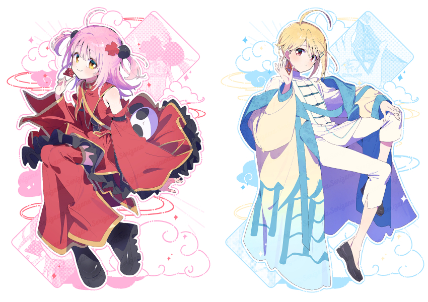 1boy, 1girl, adjusting_earrings, ahoge, alternate_costume, arm_belt, bag, belt