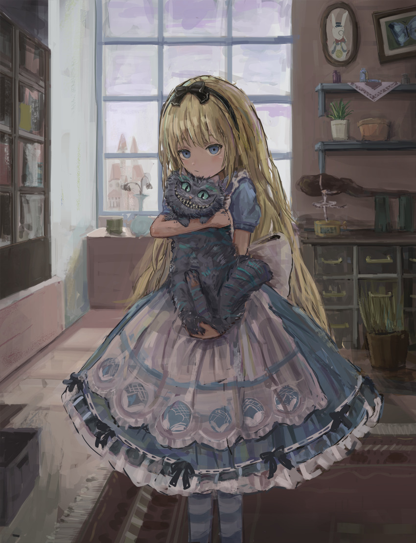 1girl, :/, absurdres, alice_(alice_in_wonderland), alice's_adventures_in_wonderland, animal, apron, back_bow