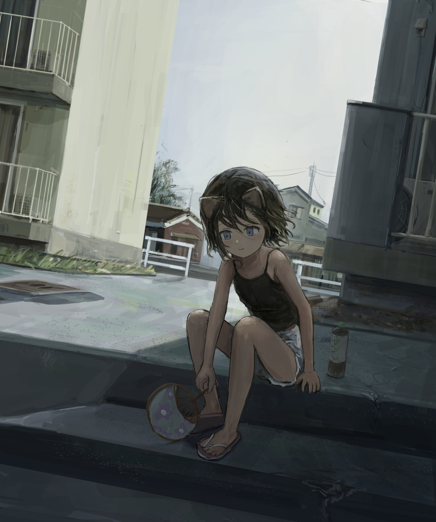 1girl, animal_ears, bare_arms, bare_shoulders, black_camisole, blue_eyes, blue_shorts, brown_hair