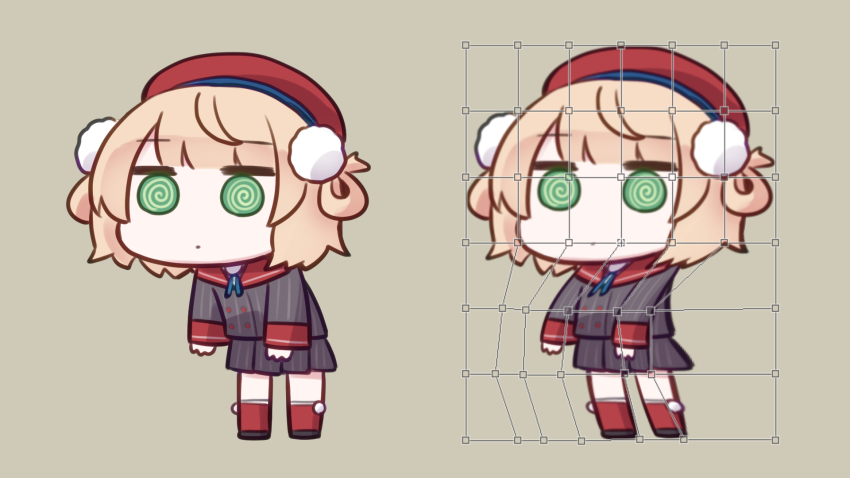 1girl, @_@, black_shoes, blonde_hair, blue_ribbon, check_commentary, chibi, closed_mouth