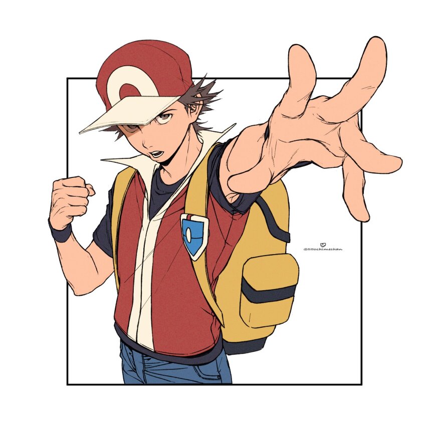 1boy, 55oshimechan, backpack, bag, black_shirt, blue_pants, brown_eyes, brown_hair