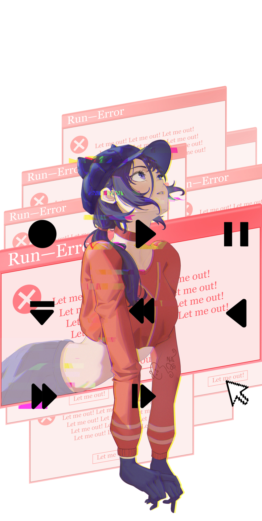 1girl, absurdres, animal_ear_headwear, blue_eyes, blue_gloves, blue_hair, blue_hat, blue_skirt, newsboy_cap, choker, cool_mita_(miside), cropped_shirt, cursor, english_text, error_message, fake_animal_ears, fast_forward_button, gloves, hat, highres, long_hair, long_sleeves, looking_up, low_ponytail, luo_chen_(user_frxw8842), midriff, miside, mita_(miside), pause_button, play_button, ponytail, red_choker, red_shirt, shirt, skirt, solo, window_(computing)