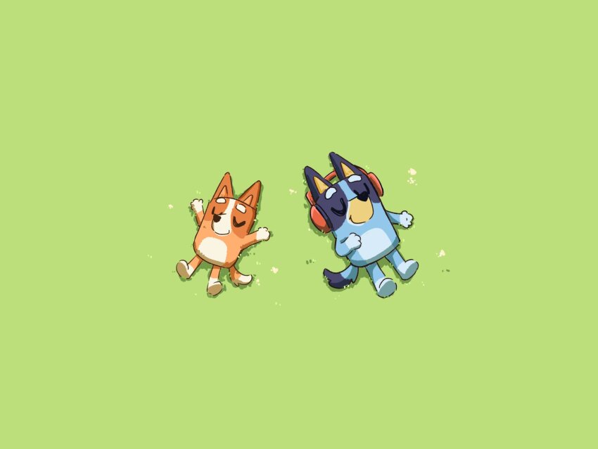 2girls, baowenbei0715, bingo_heeler, bluey, bluey_heeler, closed_eyes, grass, green_background, headphones, highres, light_smile, lying, minimalism, multiple_girls, on_back, on_ground, simple_background, uwu