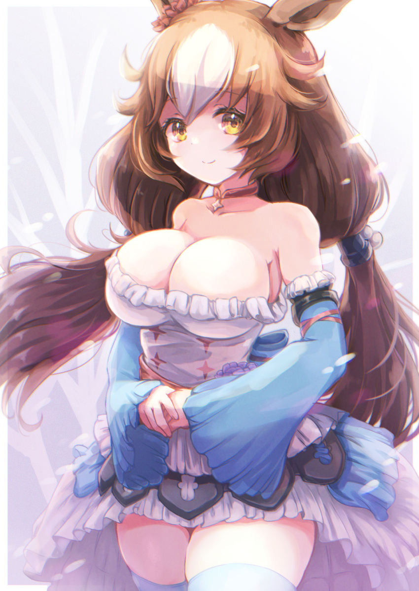 1girl, animal_ears, blush, breasts, brown_hair, choker, closed_mouth, commentary