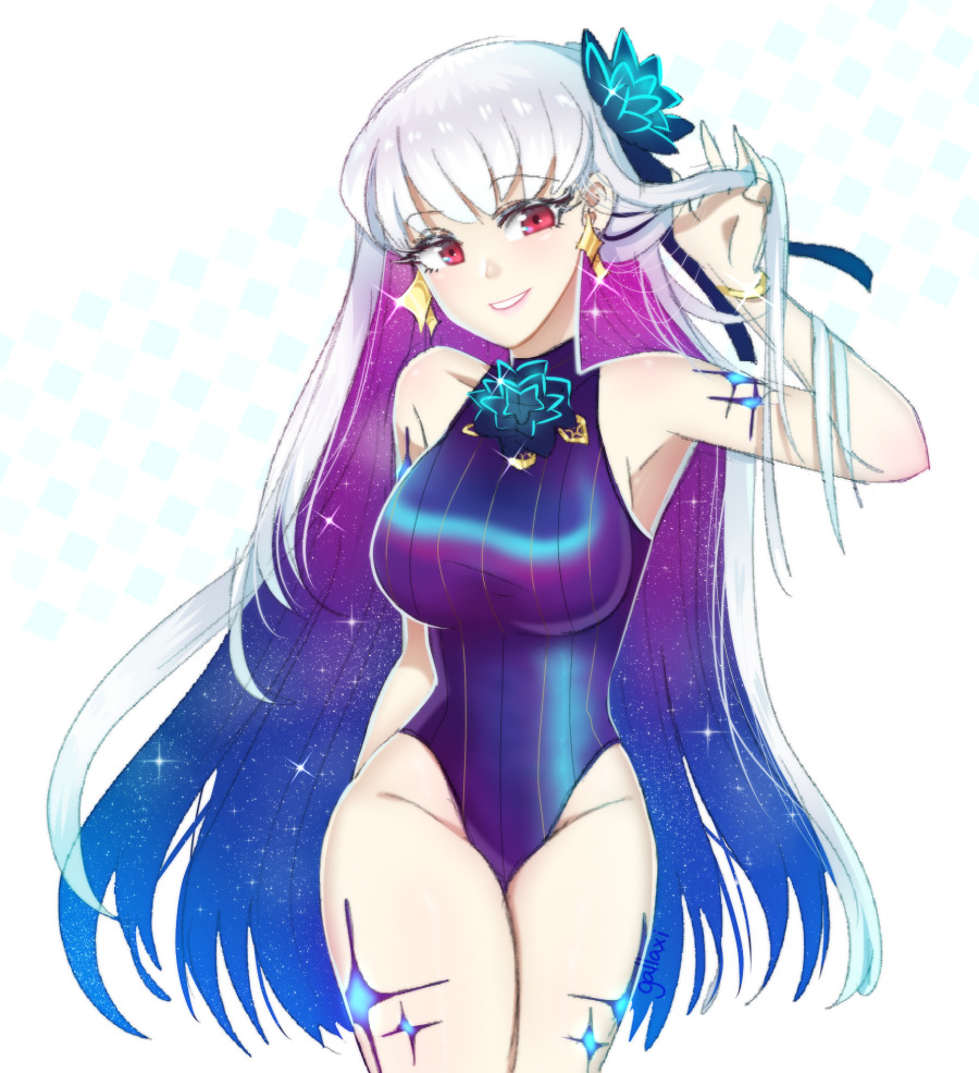 1girl, armpit_peek, bare_shoulders, blue_flower, blue_ribbon, breasts, closed_mouth, fate/grand_order, fate_(series), flower, gallaxi, hair_flower, hair_ornament, hair_ribbon, hand_in_own_hair, kama_(fate), kama_(swimsuit_avenger)_(third_ascension)_(fate), large_breasts, long_hair, multicolored_hair, purple_hair, rearrings, red_eyes, ribbon, signature, simple_background, smile, sparkle, swimsuit, teeth, thighs, two-tone_hair, white_background, white_hair