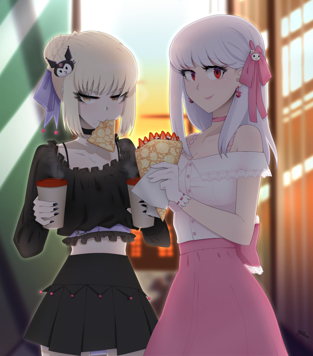 2girls, artoria_pendragon_(fate), back_bow, black_shirt, black_skirt, blonde_hair, bow, braid