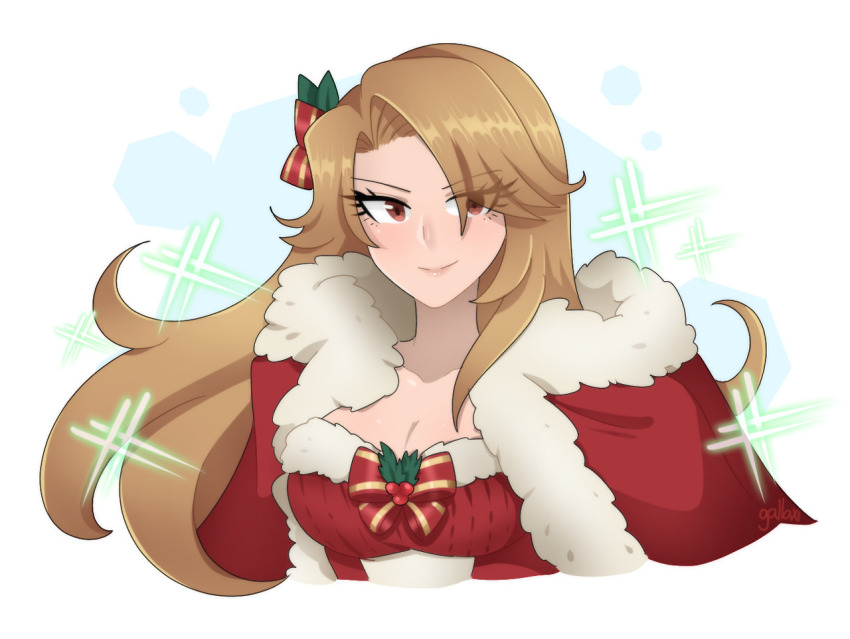 1girl, alternate_costume, blonde_hair, bow, breasts, christmas, cleavage, closed_mouth, coat, collarbone, cropped_torso, eyes_visible_through_hair, fur-trimmed_coat, fur_trim, gallaxi, granblue_fantasy, hair_bow, hair_over_one_eye, katalina_(granblue_fantasy), large_breasts, long_hair, mistletoe, red_bow, red_coat, red_eyes, signature, smile, solo, sparkle, very_long_hair, white_background