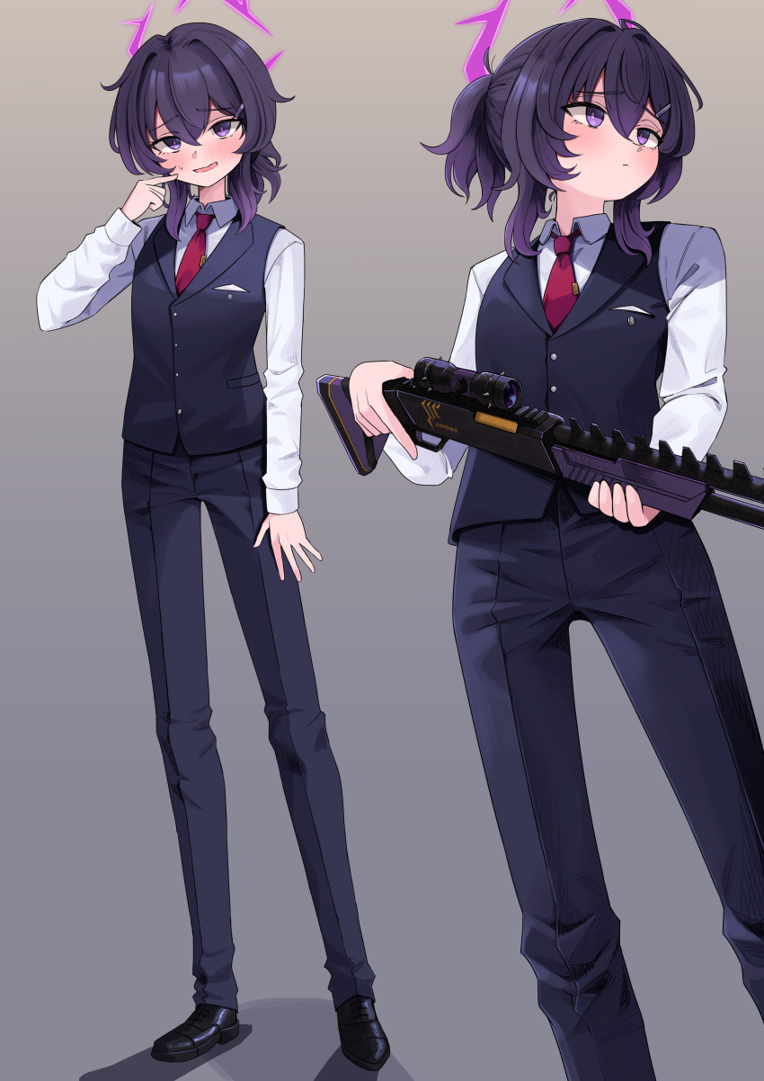 1girl, absurdres, black_pants, black_shoes, black_vest, blue_archive, coralreef966, fabarm_sdass