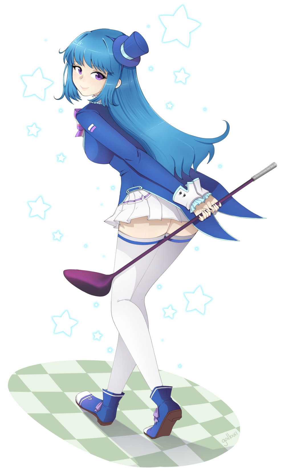 1girl, arin_(pangya), blue_hair, blue_hat, blue_jacket, blue_shoes, breasts, checkered_floor
