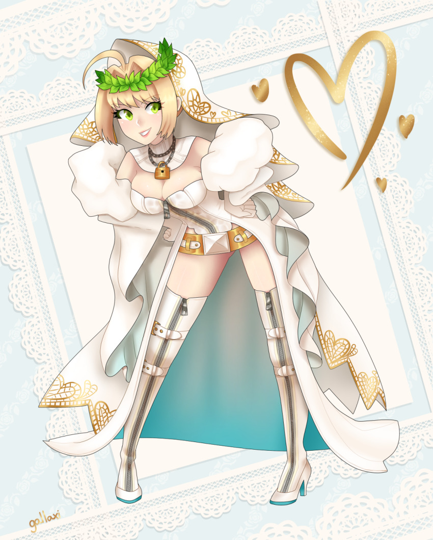 1girl, ahoge, belt, blonde_hair, boots, breasts, bridal_veil, chain