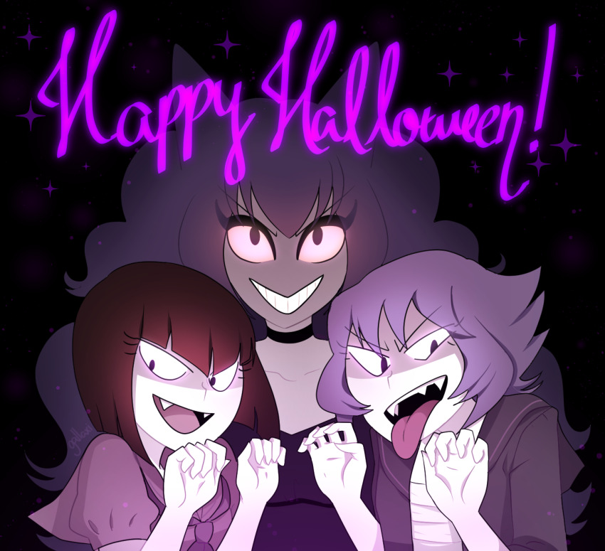 3girls, androgynous, black_background, black_choker, black_jacket, bob_cut, brown_hair, choker