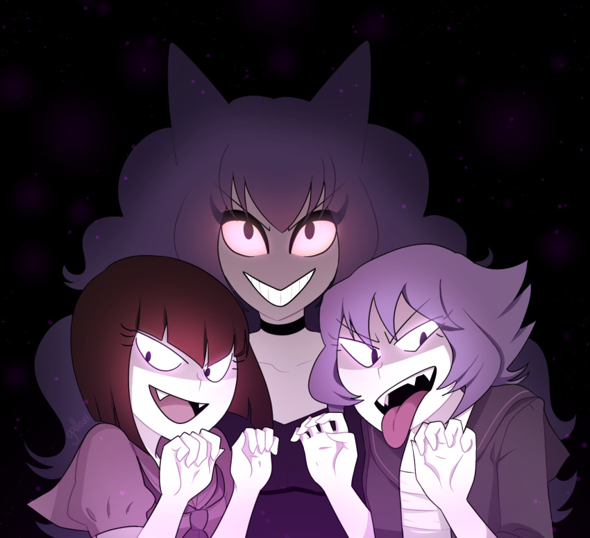 3girls, androgynous, black_background, black_choker, black_jacket, bob_cut, brown_hair, choker