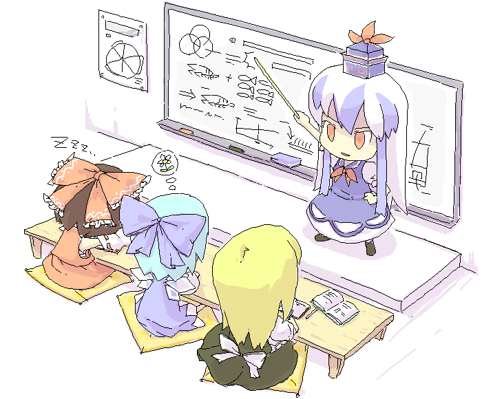 4girls, angry, apron, arm_up, blonde_hair, book, bow, bowtie, chalkboard, cirno, female_focus, flower, full_body, hair_bow, hakurei_reimu, hat, kamishirasawa_keine, kirisame_marisa, long_hair, mitsuji_mitsuyoshi, multiple_girls, oekaki, pointer, poster_(object), red_bow, red_bowtie, simple_background, sleeping, speech_bubble, standing, tate_eboshi, teacher, thought_bubble, touhou, waist_apron, white_hair, whiteboard, zzz