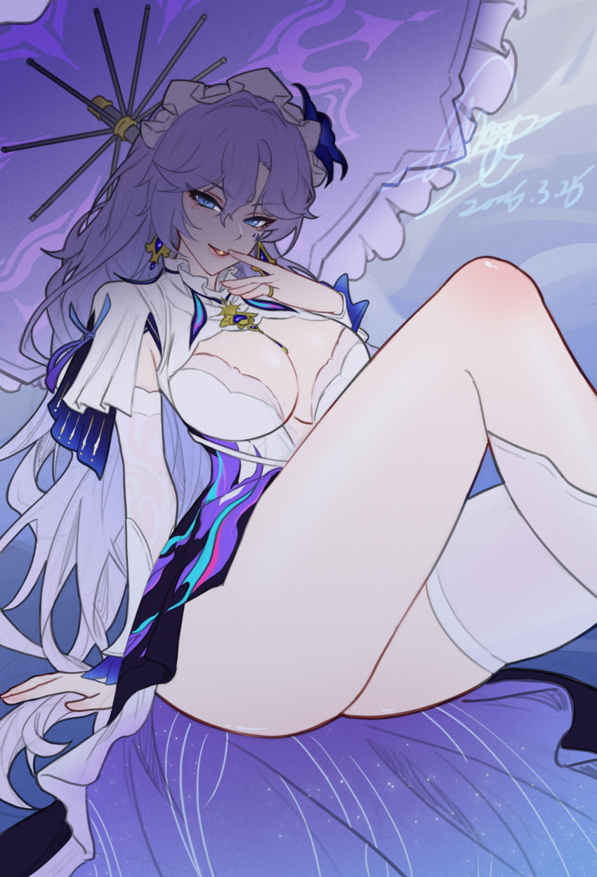 1girl, absurdres, blue_eyes, blue_flower, breasts, cantarella_(wuthering_waves), commentary, dress