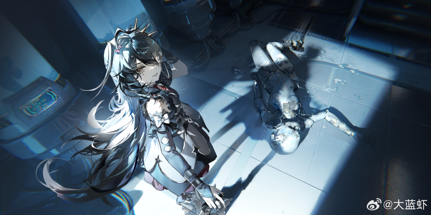 2girls, android, antenna_hair, bare_shoulders, battle_damage, black_dress, black_hair, bridal_gauntlets