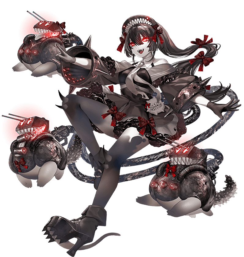 1girl, :d, abyssal_ship, bare_shoulders, black_dress, black_gloves, black_hair, black_sclera