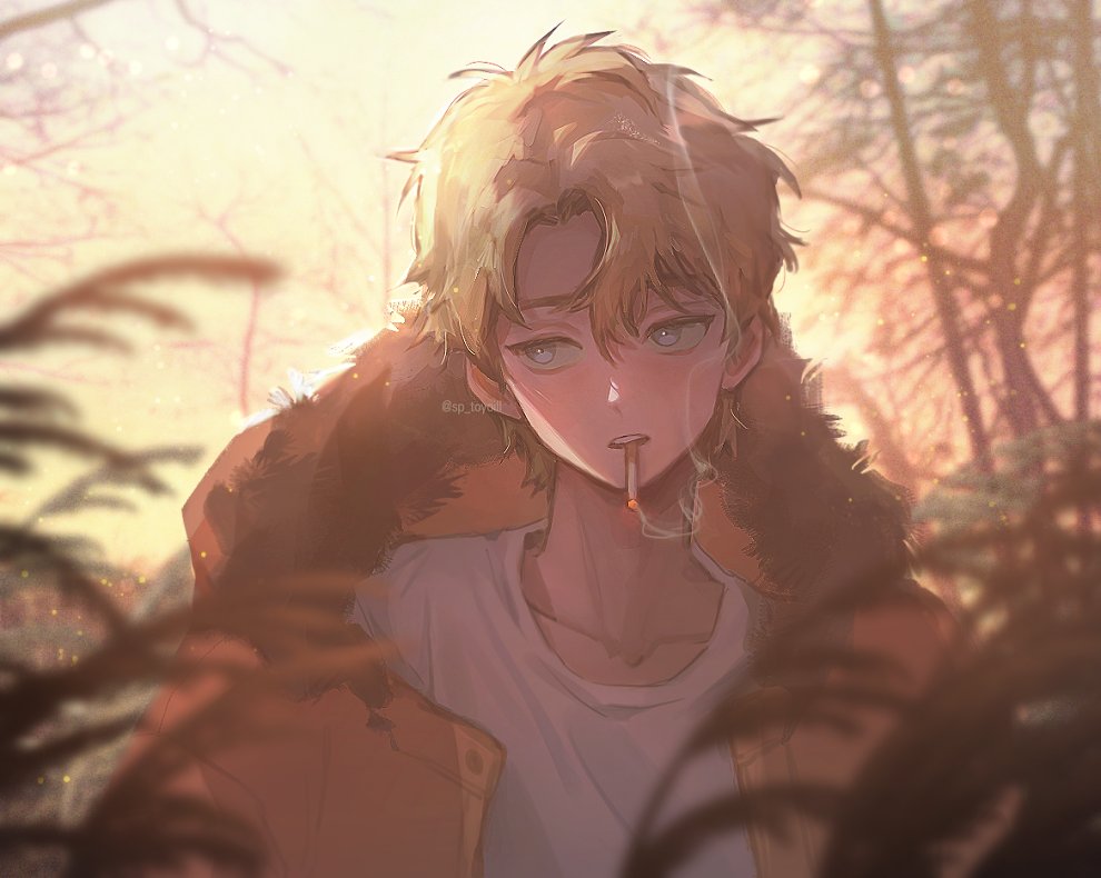 1boy, animification, artist_name, blonde_hair, blue_eyes, blurry, blurry_foreground, branch