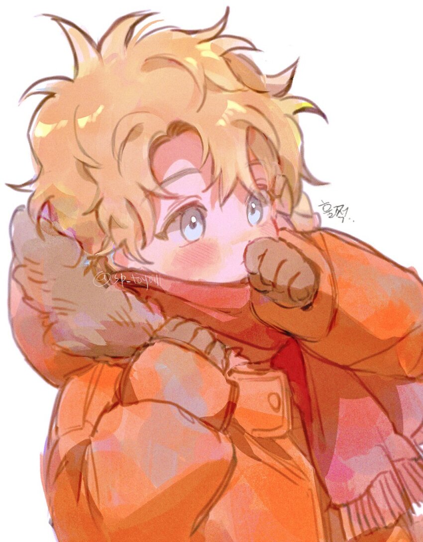 1boy, animification, artist_name, blonde_hair, blue_eyes, blush, brown_gloves, clenched_hands