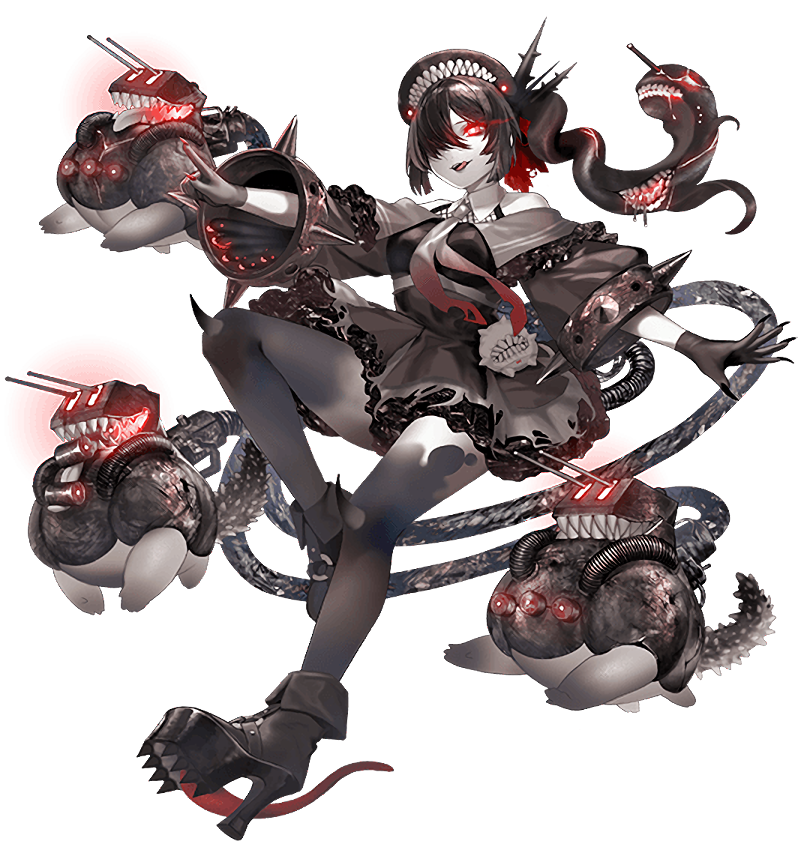 1girl, abyssal_ship, bare_shoulders, black_dress, black_gloves, black_hair, black_sclera, black_shoes