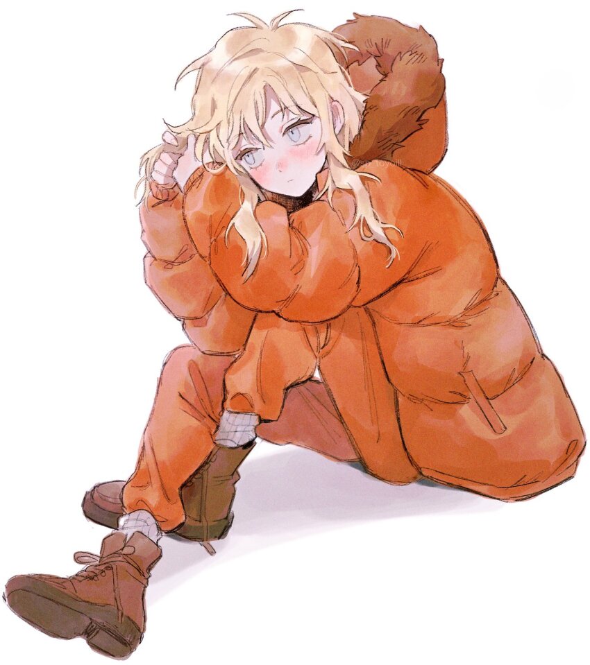 1girl, animification, baggy_pants, blonde_hair, blue_eyes, blush, boots, brown_boots