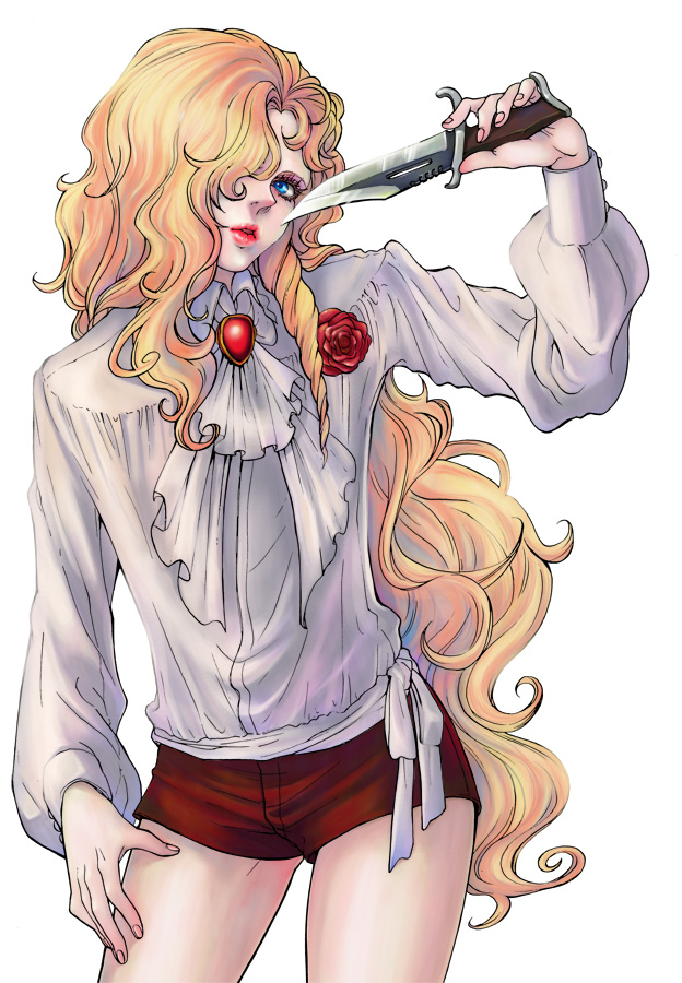 1boy, blonde_hair, blue_eyes, flower, hair_over_one_eye, knife, long_hair, male_focus