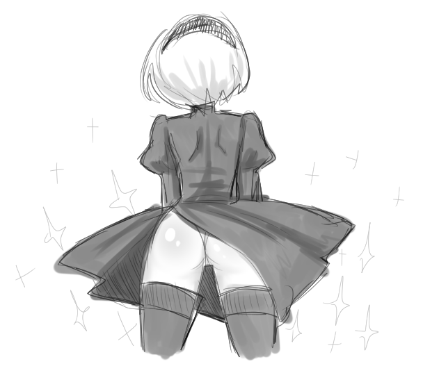 1girl, 2b_(nier:automata), ass, ass_focus, black_boots, boots, cropped_legs, dress, from_behind, gallaxi, greyscale, hairband, monochrome, nier:automata, nier_(series), puffy_sleeves, short_hair, simple_background, sketch, solo, sparkle, white_background