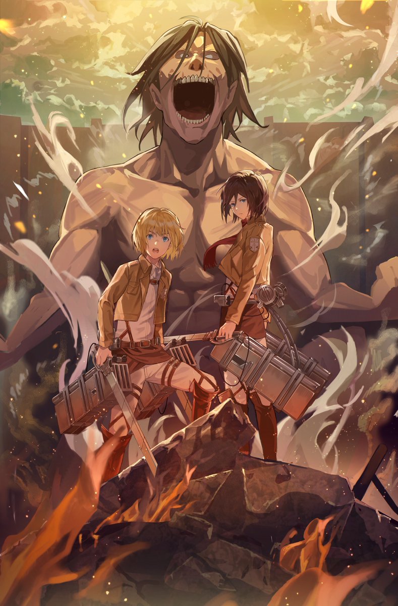 1girl, 2boys, armin_arlert, black_hair, blonde_hair, blue_eyes, bob_cut, boots