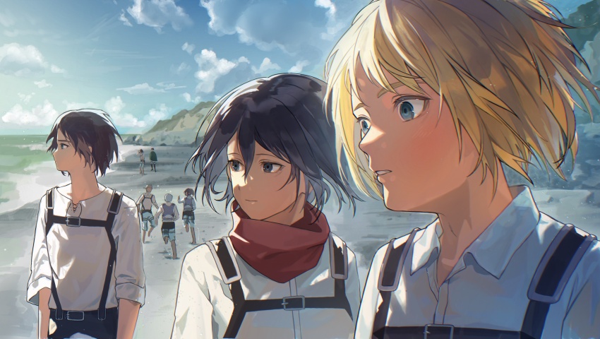 1other, 2girls, 4boys, absurdres, armin_arlert, beach, black_hair, blonde_hair