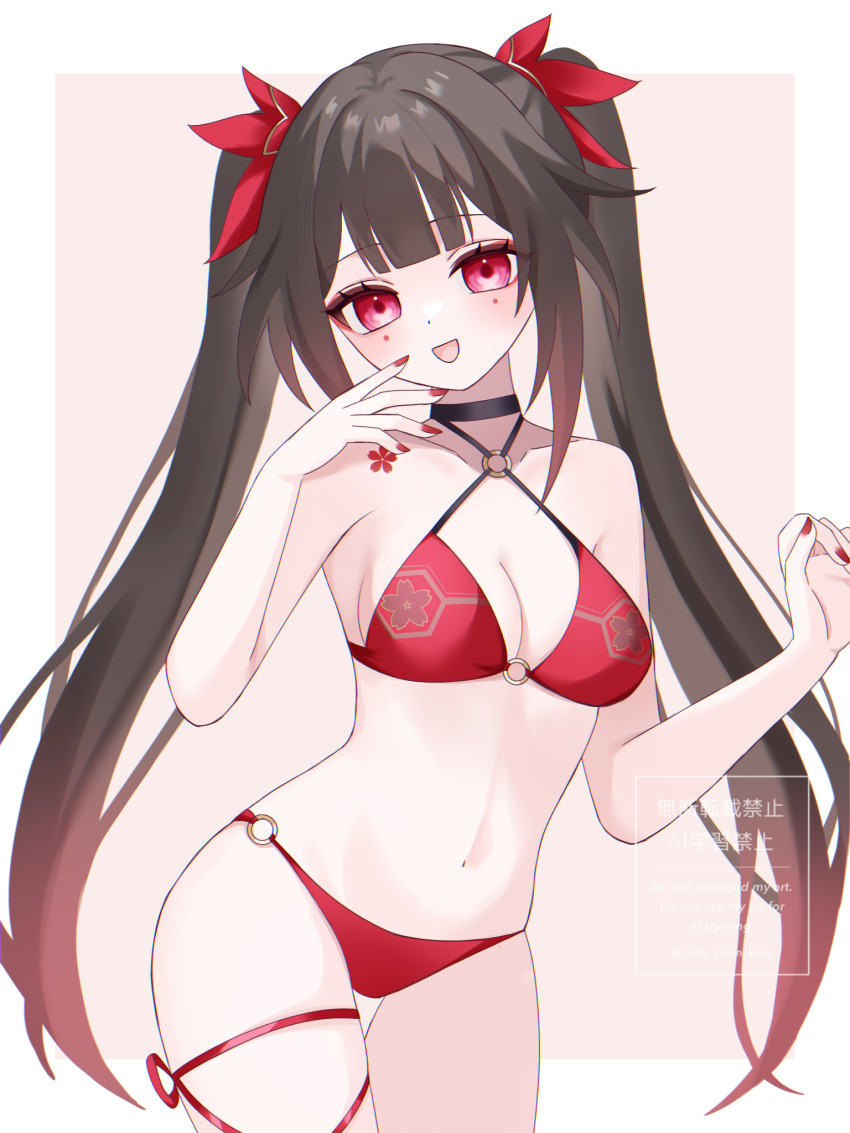 1girl, :d, alternate_costume, bikini, black_choker, blunt_bangs, blush, breasts