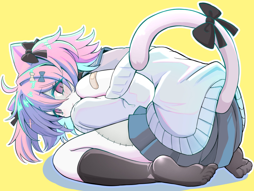 1girl, :>, absurdres, ahoge, animal_ears, bandaid, bandaid_on_shoulder, barefoot