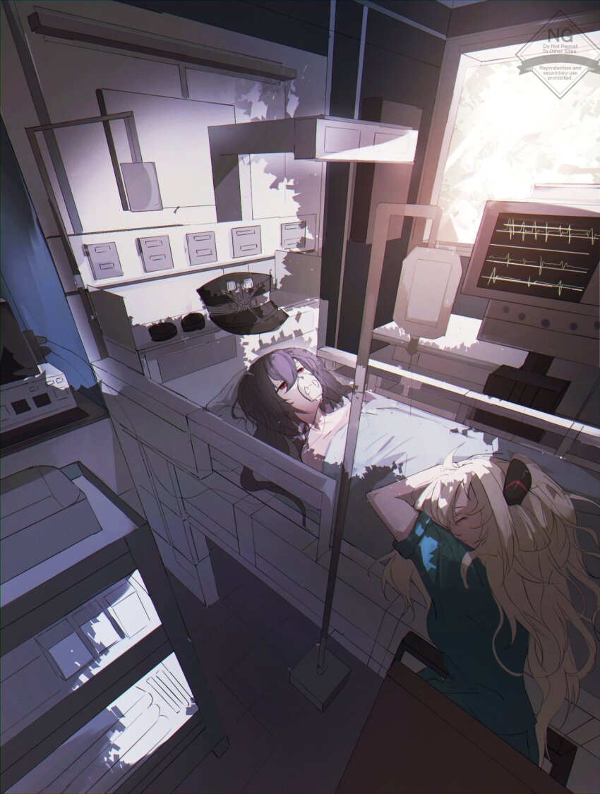 2girls, bare_shoulders, bed, black_hat, duel_monster, hat, highres, hospital_bed