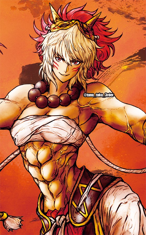 1girl, abs, bare_shoulders, breasts, chest_sarashi, dark-skinned_female, dark_skin, fire_emblem, fire_emblem_fates, looking_at_viewer, mask, mask_on_head, muscular, muscular_female, nintendo, obliques, red_eyes, rinkah_(fire_emblem), sarashi, short_hair, small_breasts, solo, tana_taka_3rder, white_hair