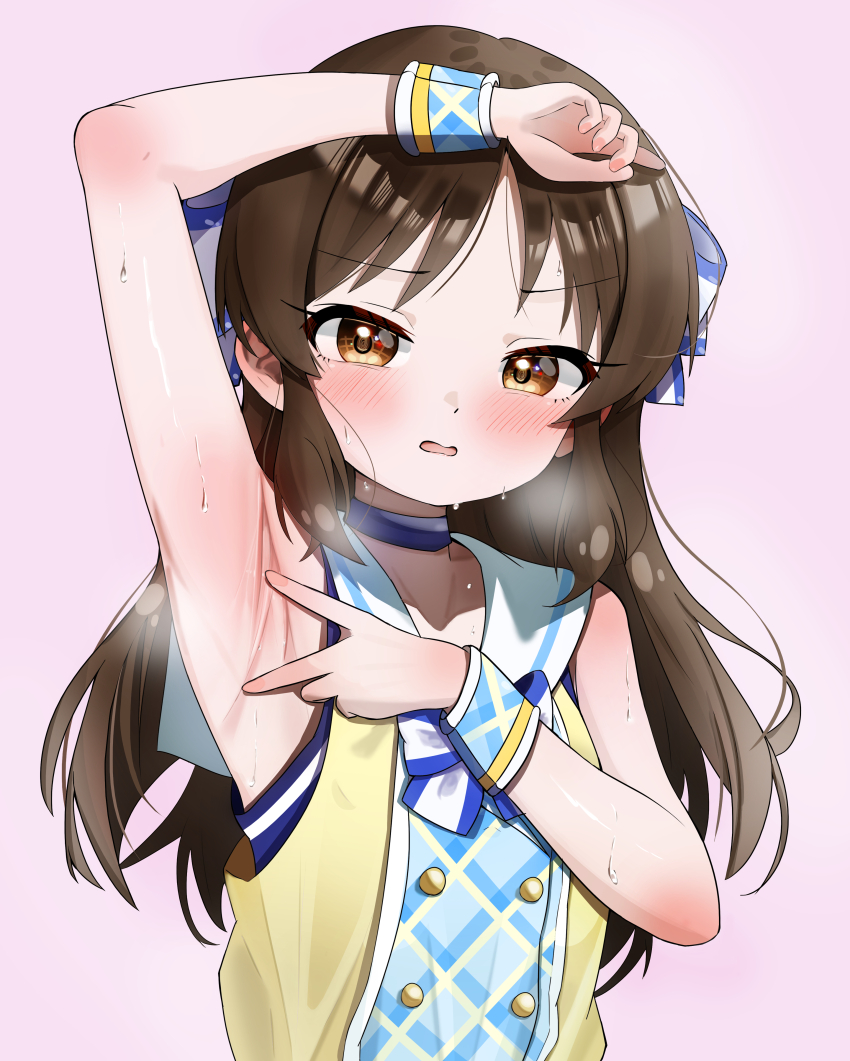 1girl, :o, absurdres, arm_up, armpit_focus, armpits, blue_choker, blush