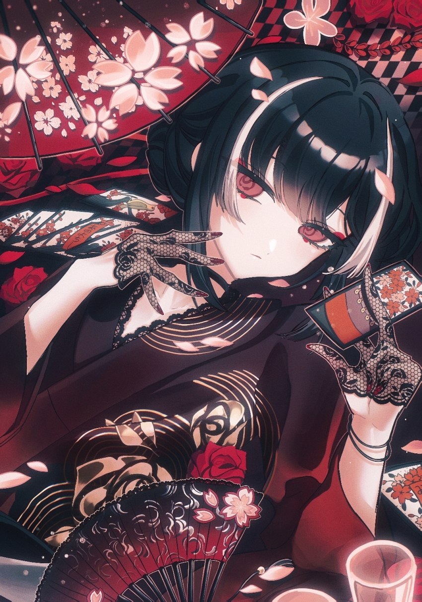 1boy, black_gloves, black_hair, blue_kimono, bob_cut, bracelet, card, closed_mouth