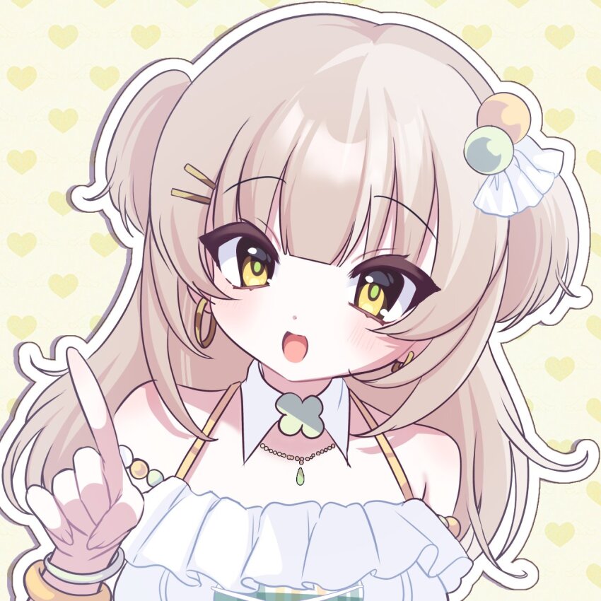 1girl, armlet, bare_shoulders, bead_armlet, blonde_hair, blunt_bangs, borrowed_character, bracelet