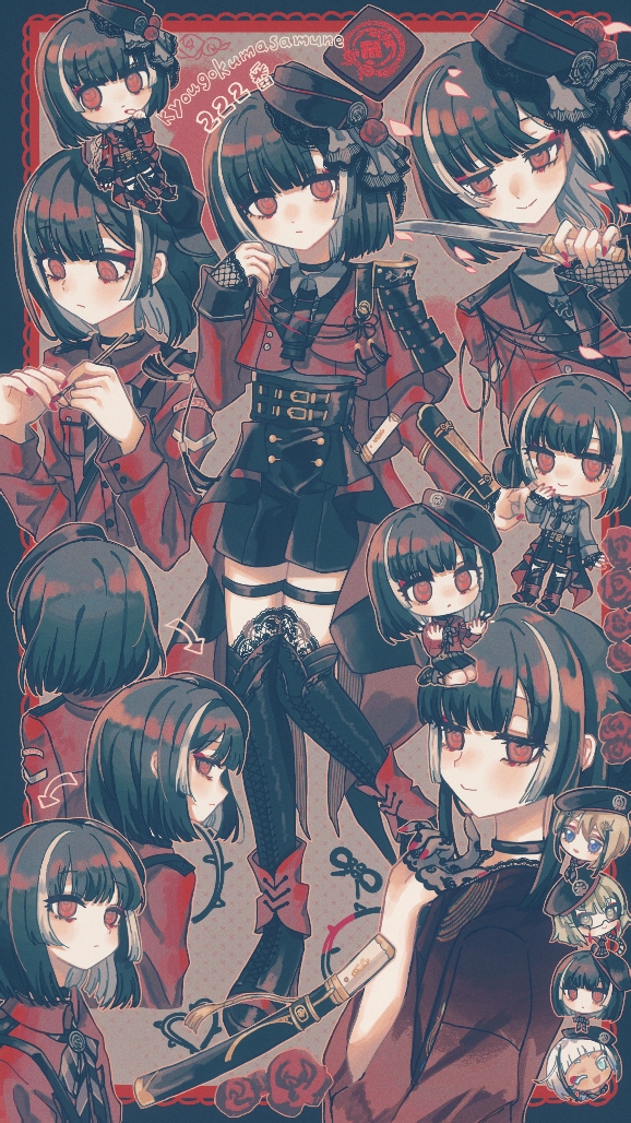 1boy, black_boots, black_choker, black_hair, black_hat, black_shorts, blunt_bangs, blush