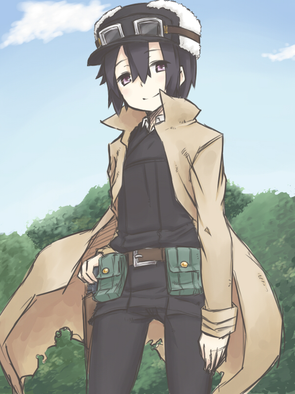 00s, 1girl, belt, belt_pouch, cloud, coat, day, female_focus