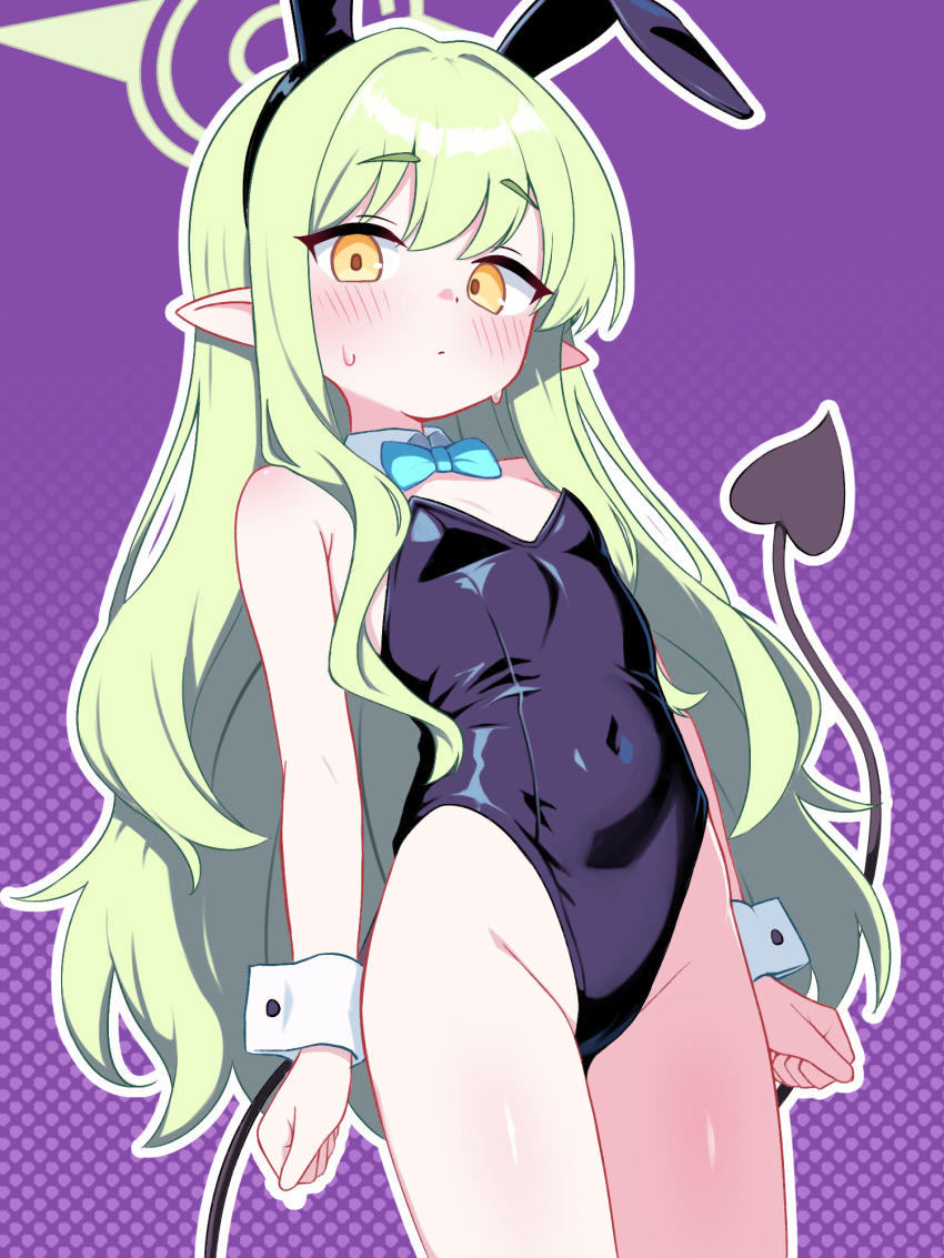 1girl, animal_ears, black_leotard, black_tail, blue_archive, blue_bow, blue_bowtie, blush