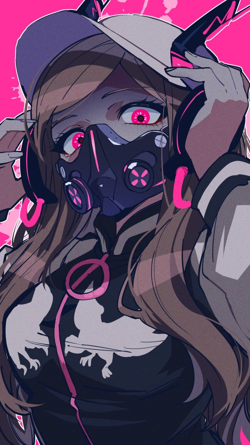 1girl, baseball_cap, brown_hair, eyelashes, hair_over_shoulder, hands_up, hat, headphones, highres, jacket, jujo_miu, long_hair, looking_at_viewer, mask, multicolored_jacket, nekoma_hikaru, pink_background, pink_eyes, solo, sukajan, tribe_nine, two-tone_jacket, upper_body