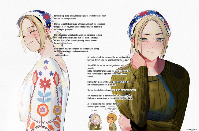 2girls, army, blonde_hair, blue_eyes, body_freckles, breasts, chibi, closed_eyes