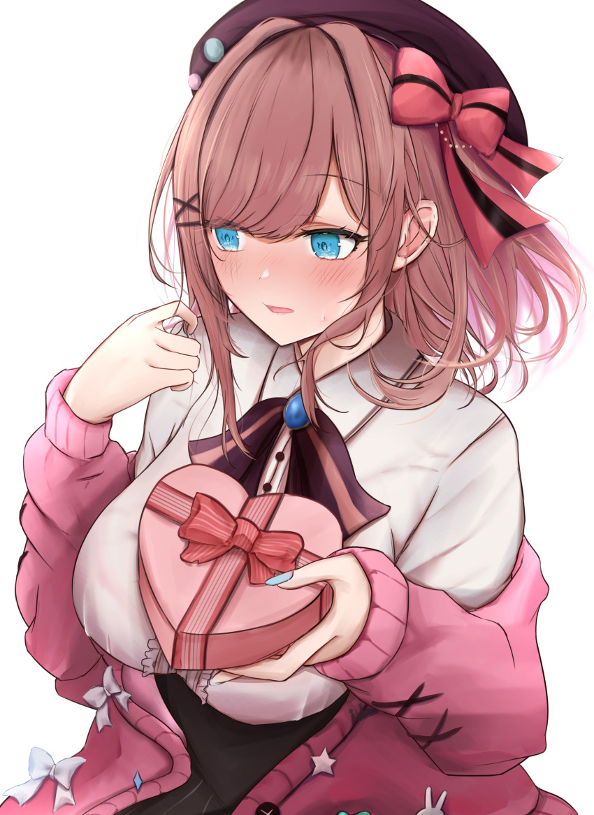 1girl, absurdres, beret, black_ribbon, black_skirt, blue_eyes, blue_nails, blush