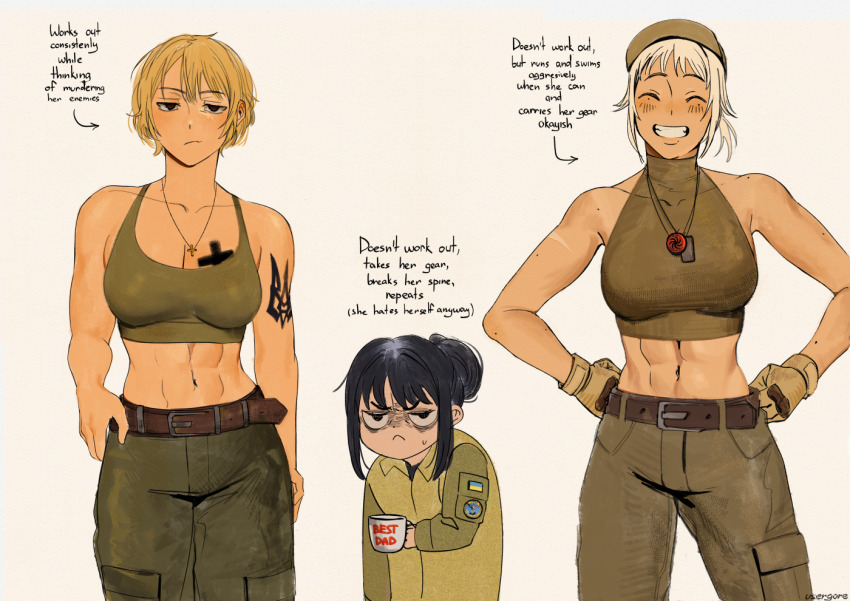 3girls, abs, arrow_(symbol), azov_battalion, breasts, brown_gloves, cleavage, commentary, crop_top, cross_tattoo, directorate_of_intelligence_(ukraine), english_commentary, english_text, eva_(kavunyak), expressionless, gloves, green_pants, green_tank_top, large_breasts, looking_at_viewer, marichka, multiple_girls, muscular, muscular_female, nika_(usergore), original, pants, tank_top, tattoo, tomboy, toned, toned_female, tryzub, ukrainian_flag, usergore
