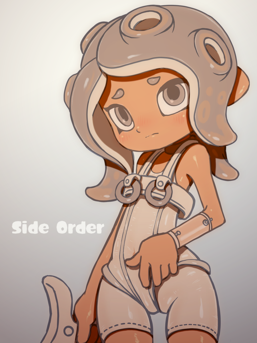 1girl, agent_8_(splatoon), bare_shoulders, beeru_(veil8801), bodysuit, closed_mouth, copyright_name, flat_chest