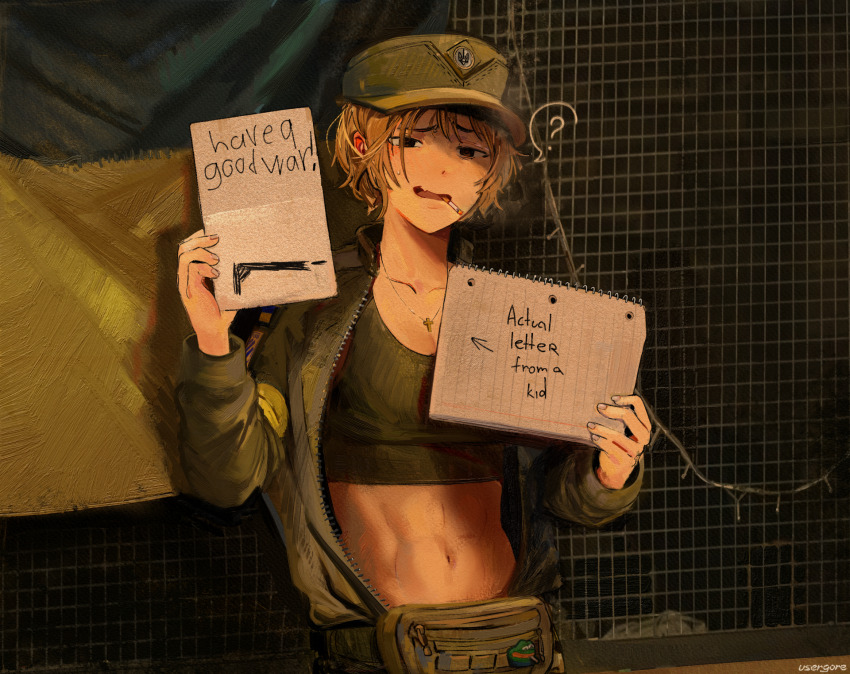 1girl, ?, abs, armband, azov_battalion, battle, blonde_hair, breasts, cigarette, coat_of_arms, collarbone, confused, cross, cross_necklace, fang, green_jacket, green_tank_top, hat, highres, holding, holding_notebook, insignia, jacket, jewelry, marichka, military, military_combat_uniform, military_uniform, morale_patch, necklace, notebook, open_clothes, open_jacket, original, patch, peaked_cap, pepe_the_frog, russo-ukrainian_war, short_hair, skin_fang, smoking, sweatdrop, tank_top, tomboy, trench, tryzub, ukraine, ukrainian_flag, ukrainian_ground_forces, underground, unzipped, usergore, war, yellow_armband
