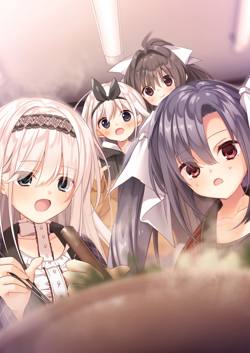 4girls, :d, :o, ahoge, aqua_eyes, black_hair, black_hairband, black_ribbon