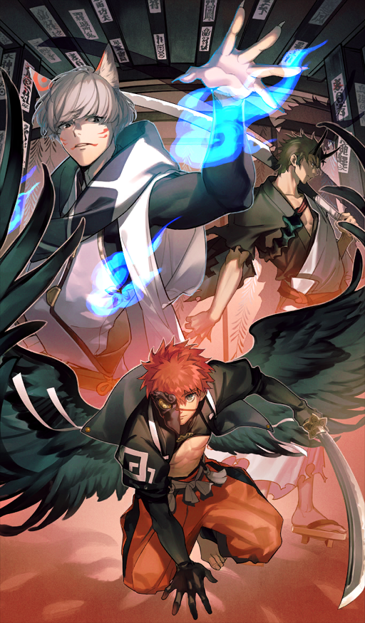 3boys, animal_ears, arm_support, barefoot, bird_mask, black_gloves, black_hair, black_kimono