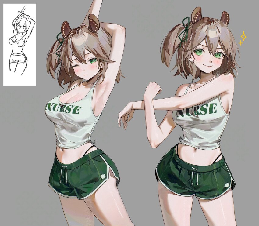 1girl, absurdres, alternate_costume, ani_019, animal_ears, arm_across_chest, arm_behind_head, armpits, bare_arms, bare_shoulders, breasts, brown_hair, cleavage, clothes_writing, commentary, cowboy_shot, dolphin_shorts, drawstring, glowing_veins, green_eyes, green_shorts, grey_background, hair_between_eyes, highres, indie_virtual_youtuber, large_breasts, looking_at_viewer, midriff, multiple_views, navel, nimi_nightmare, one_eye_closed, one_side_up, panty_straps, reference_inset, shirt, shorts, simple_background, sketch_inset, solo, stretching, sweat, tank_top, tapir_ears, tapir_girl, virtual_youtuber, white_tank_top