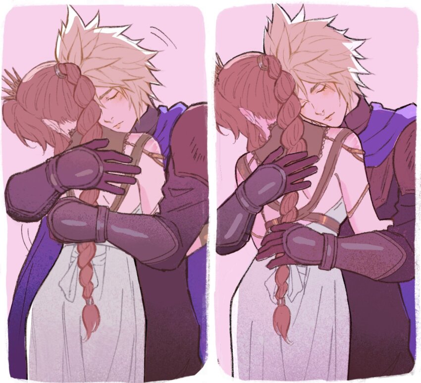 1boy, 1girl, aerith_gainsborough, aerith_gainsborough_(loveless_dress), armor, arms_around_another's_back, black_pants, black_shirt