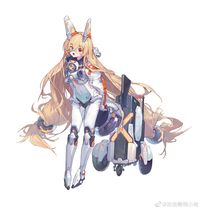 1girl, :d, assault_rifle, blonde_hair, blue_eyes, center_opening, fang, fox_girl