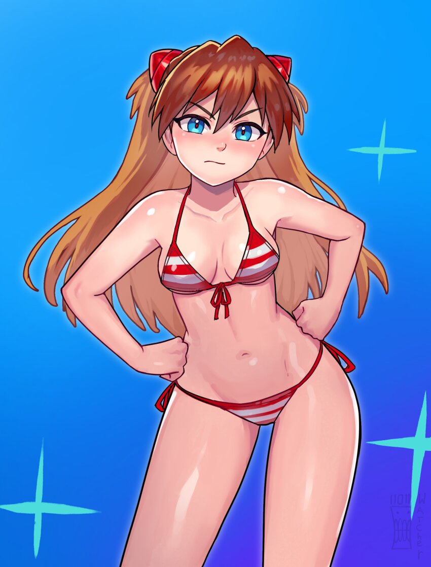 1girl, absurdres, bikini, blue_eyes, blush, breasts, brown_hair, hair_ornament, hands_on_own_hips, highres, long_hair, looking_at_viewer, midriff, navel, neon_genesis_evangelion, orange_hair, red_bikini, red_pupils, solo, souryuu_asuka_langley, striped_bikini, striped_clothes, swimsuit, two_side_up, watcher_hollow